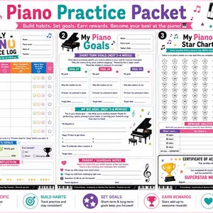 May include: A colorful piano practice packet with sections for weekly logs, goals, and a star chart. The packet includes text that says "Piano Practice Packet" and "Build habits. Set goals. Earn rewards. Become your best at the piano!"
