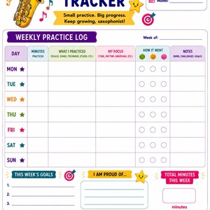 May include: A colorful saxophone practice tracker with a gold saxophone illustration. The tracker includes sections for weekly practice logs, goals, and notes. Text includes "My Saxophone Practice Tracker" and "Small practice. Big progress."