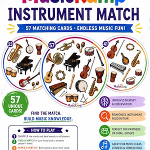 Könnte beinhalten: MusicKamp Instrument Match Spiel mit 57 einzigartigen Karten, die bunte Illustrationen verschiedener Musikinstrumente zeigen. Das Spiel enthält eine Anleitung für 2-8 Spieler ab 5 Jahren und ist als druckbares PDF für den Musikunterricht konzipiert.