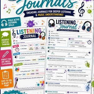 Op de afbeelding: Een set van twee Music Kamp Listening Journals met witte pagina's en blauwe, paarse en groene tekst en afbeeldingen. De journals bevatten secties voor tempo, dynamiek, klankkleur en muzikale elementen, versierd met muzieknoten en iconen.