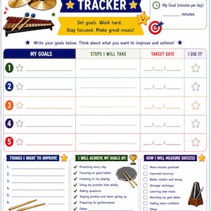 May include: A colorful percussion goals tracker with illustrations of drums, cymbals, and a xylophone. The tracker includes sections for setting goals, steps to take, target dates, and a parent/guardian section. The text reads "My Percussion Goals Tracker."