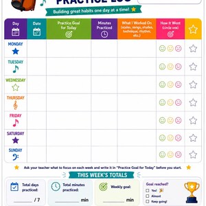 May include: A weekly viola practice log with a colorful design. The log includes sections for daily practice goals, minutes practiced, and a weekly reflection. A violin illustration is at the top left.