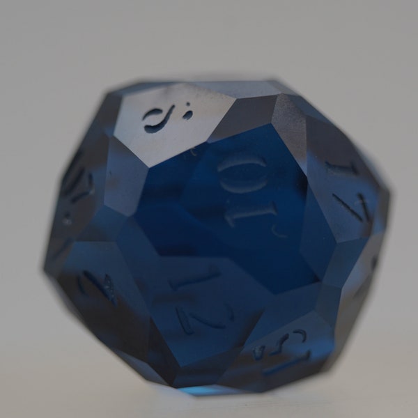 65.45 ct D20 Star Facet Dice hand carved from Dark Blue Lab Spinel Gemstone