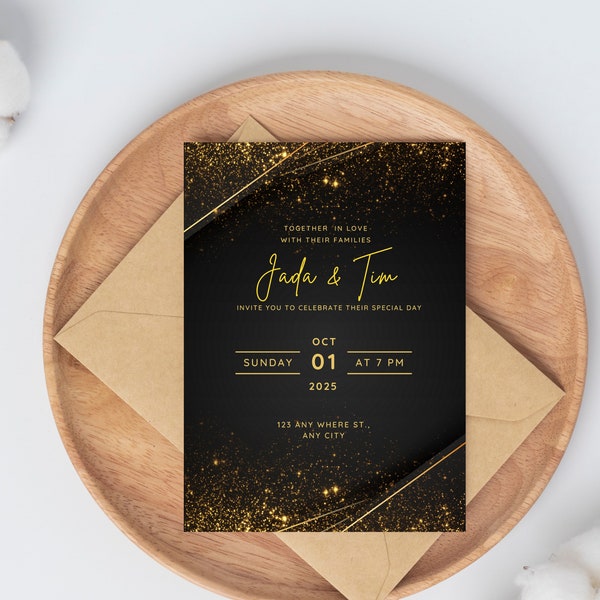 Classy Black and Gold Modern Elegant Engagement Invite | Save The Date Wedding Invitation Card | Fully Editable 5x7 inch Details Card Canva