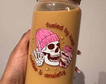 Iced Coffee Snow Globe Glass Tumbler | 16oz Bamboo Lid Cup (Faux Frosting Sprinkles)