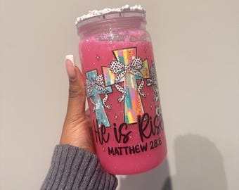 Easter Snow Globe Tumbler | Christian Iced Coffee Cup, He is Risen Matthew 28:6