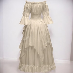 K&ouml;nnte beinhalten: Ein wei&szlig;es, schulterfreies Kleid mit einem R&uuml;schenrock und langen &Auml;rmeln. Das Kleid hat ein tailliertes Oberteil und eine geraffte Taille.