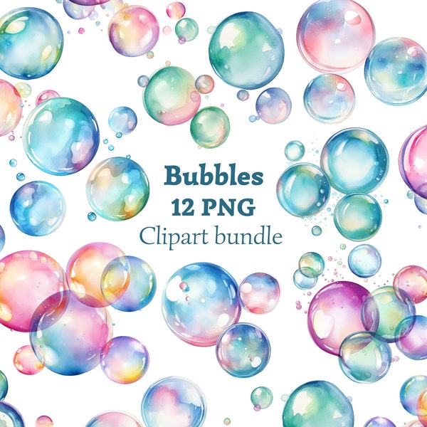Watercolor bubbles clipart bundle, Soap bubbles PNG clip art, Baby shower invitation illustrations, Kids birthday card making kit Commercial