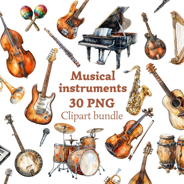 Musical instruments clipart bundle PNG, Watercolor music band clip art collection, Set of music printable paintings, Orchestra illustrations