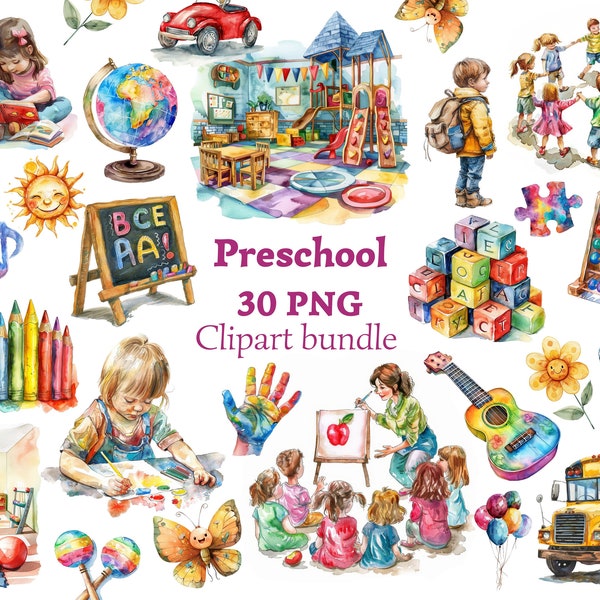 Watercolor preschool clipart PNG, Kindergarten clip art bundle, Day care teacher illustrations, Nursery school drawing Little kids education
