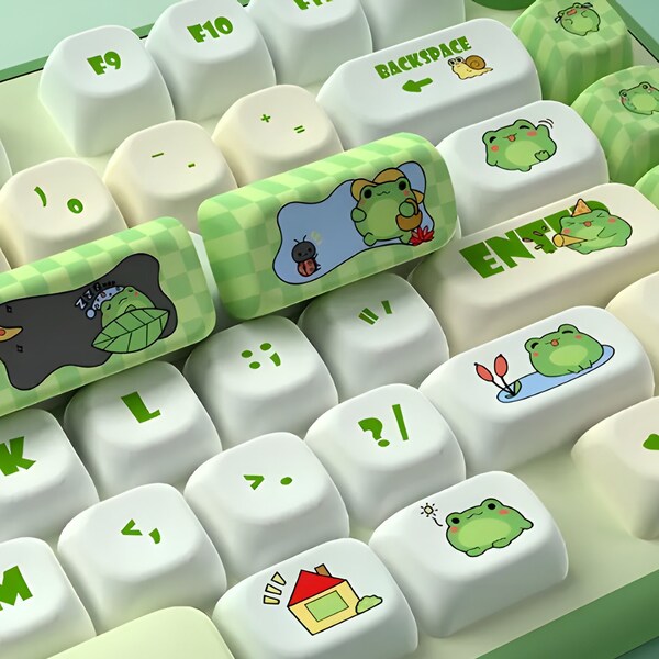 Cute Green Frog Theme Keycap Set, PBT Keycap, Cute Cartoon Anime Keycap, Mechanical Keyboard Keycap, Kawaii Frog Keycap 142 Keys, Gifts