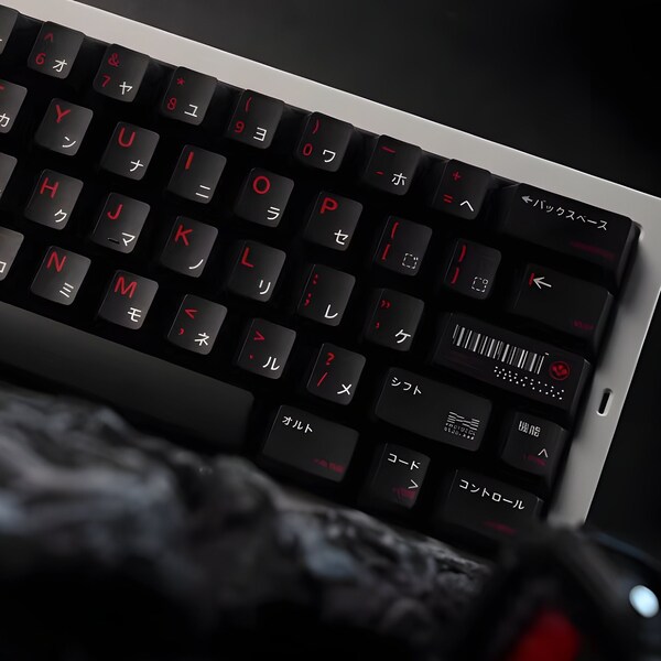 Cool Cyberpunk Arasaka Japanese Keycaps Set for Mechanical Keyboard, Cherry Profile, ISO Keycaps, PBT keycaps, 143 keys, Keyboard Decor