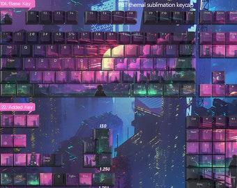 Cyberpunk Keycap Set, Neon City Keycap Set 135pcs, Cherry Profile for Mechanical Keyboard, Cyberpunk Keycap Set, Purple Keycap Set, Gifts