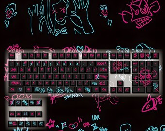 League of Legends Jinx Themed Keycap set PBT 108 Set Cherry Profile for Mechanical Keyboards, Keyboard Decor Custom keycap set, Gift for her