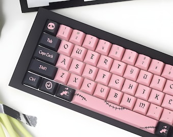 Pink Gothic Punk Girl Theme Keycap Set, Gaming Keycaps for Mechanical Keyboard, Cherry Profile 142 keys, MX Switch Type, PBT Keycap Set