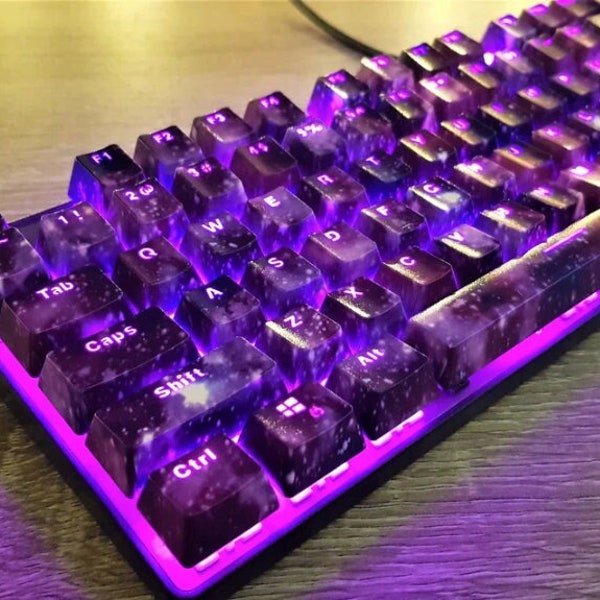 Galaxy Shine Through Keycaps, Purple Galaxy, Blue Galaxy, ANSI Layout, Cool Gaming Keycap Set