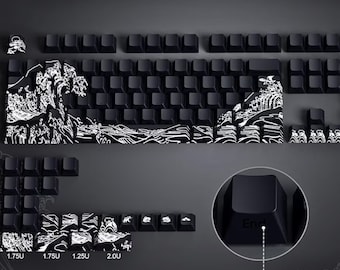 Backlit Black Japanese Waves Keycap Set, Side Print Keycap Set for Mechanical Keyboard, Backlit Keycaps, PBT Keycaps, Cherry MX, 130 keys