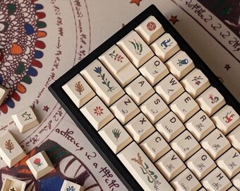 Voynich Manuscript Keycap Set-135 Keys, Beige PBT Keycap Set, Hand Painted Flowers Keycap Set, vinted keycaps,Mechanical Keyboard Keycap Set