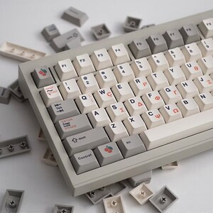 Gray Retro Keycap Set PBT ISO, Japanese Keycap Set, German Keycaps Set, French Set Qwertz, Ansi Layout, Mechanical Keyboard, Cherry Profile