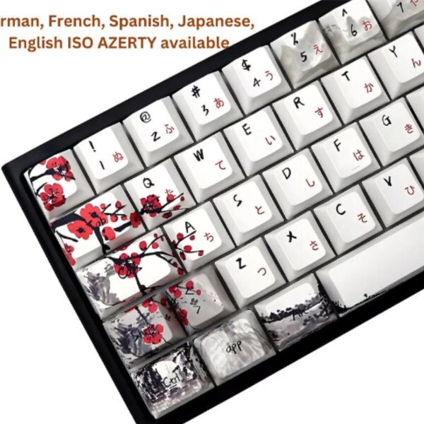 Plum Blossom Theme Keycaps, Spanish German French Japanese Keycaps, ISO AZERTY layout, Cherry Profile White Japanese Keycap Set for Keyboard