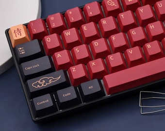 Red PBT Samurai Themed Keycap Set Cherry Profile MX Stem 139/151 Keys for Mechanical Gaming Keyboard, Japanese Style Keycap Set, Iso De, Fr