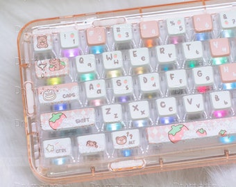 119Keys Strawberry Bear Theme Keycaps Set, Pink Keycap, Backlit Keycap, Cute Keycap, MDA Profile Keycaps, PBT Material,Pudding Themed Keycap