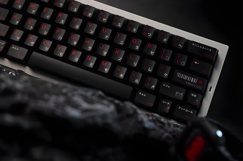 Cool Cyberpunk Arasaka Japanese Keycaps Set for Mechanical Keyboard, Cherry Profile, ISO Keycaps, PBT keycaps, 143 keys, Keyboard Decor image 1