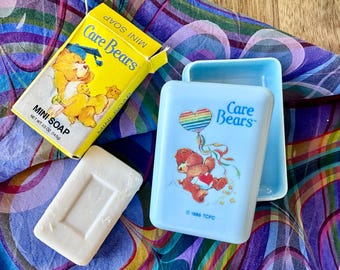 Care Bears Vintage 1986 Bar Soap and Container, Unused Original Box & Blue Travel Case, Funshine and Tenderheart Bear, Millenial Nostalgia