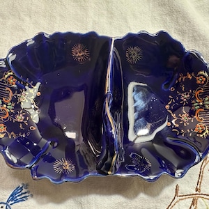 Vintage Divided Dish, Made in Japan, Navy blue tray with gold accents, vintage candy dish, trinket tray, Japanese ceramic, hand painted