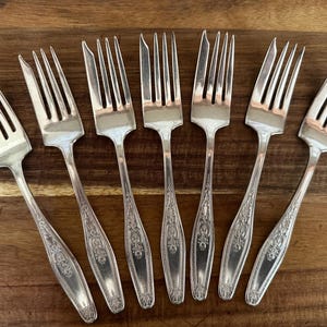 Silverplate Salad Fork, set of 7, Pattern “Twenty” by National Silver, silver salad forks, silver dessert forks, National Silver flatware