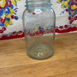 Blue Atlas Strong Shoulder Quart Mason Jar, vintage canning jar, blue glass jar, home staging decor, farmhouse flower vase