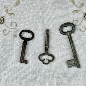 May include: Three antique metal keys with distinct designs and varying levels of oxidation. The left key has an oval bow, the center key features a decorative clover-shaped bow, and the right key has a rounded bow with a detailed bit and shaft.