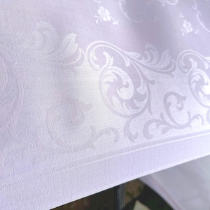 Vintage Pink Damask Tablecloth, 65x38 long skinny tablecloth, floral design table linen, formal table setting, girl baby shower, cottagecore