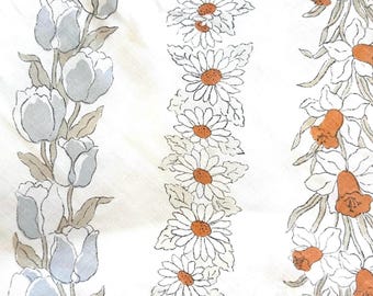 Vintage hoeslaken uit de jaren 70 voor een tweepersoonsbed, Edgemont roestbruine, oranje, madeliefjesblauwe, tulpenrankstreep katoenmix, retro beddengoed knutselstof