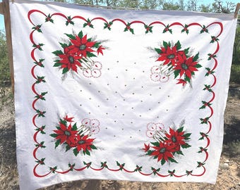Mid Century Atomic Christmas Poinsettia Tablecloth 52.25”x 45.75”, Gold Stars and Candles, Holly Berries, Retro Christmas Decor, card table