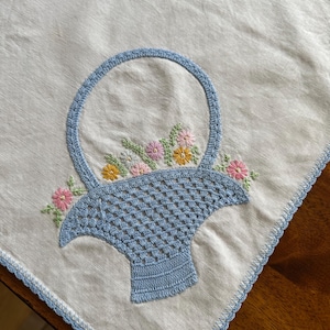 Vintage Floral Crochet and Embroidered Tablecloth, blue basket and floral pattern, small white rectangle tablecloth, crochet edging