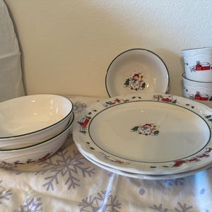 Pfaltzgraff Snow Village Christmas plates and bowls, Christmas dinnerware sets, Breakfast Plates, Cookies for Santa, Snowman Plates and Bowl