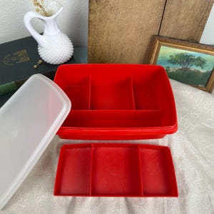 Vintage Tuppercraft Red Stow n Go Craft Box, Mold 767-4 3 piece w/ tray, Removable Tray Clear Lid, Tupperware Sewing Bead Tool Storage Caddy