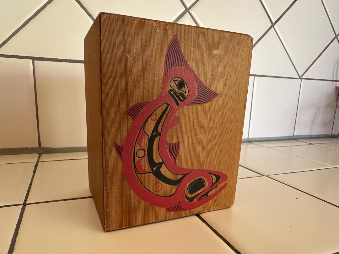 Skagit Tribe Art on Cedar Box, Salmon Wooden Pencil Cup, Upper Skagit ...
