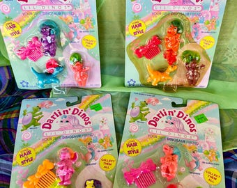 Vintage Darlin’ Dinos Lil’ Dinos 3 Pack, Factory Sealed 1992 Meritus Figures, Neon Rainbow Hair, Y2K Millenial Nostalgia Lisa Frank
