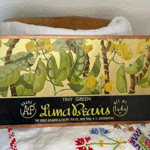 Framed Vintage Advertising, Vintage Tinned Vegetable Label, Atlantic and Pacific Tea Co, Lima Beans Can Label, copper frame, gold and black