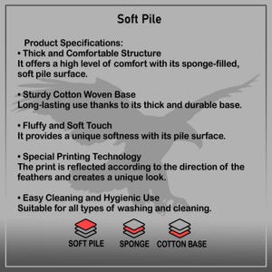 May include: Diagram showing the construction of a soft pile rug. The rug has a cotton base, a sponge layer, and a soft pile surface. The text describes the features of the rug, including its comfortable structure, durable base, soft touch, and special printing technology.