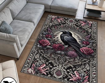 Dywan z wzorem kruka i kwiatu, dywanik do pokoju w stylu leśnego gotyckiego kwiatu kruka, dywanik do sypialni w stylu boho kruka, dywanik do ciemnego obszaru w stylu gotyckiego kruka