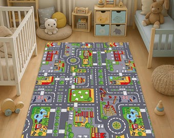 以下が含まれることがあります： グレーとグリーンの街路デザインのプレイマット。建物、車、木、サッカー場が描かれています。おもちゃの車や他の玩具で遊ぶのに最適です。