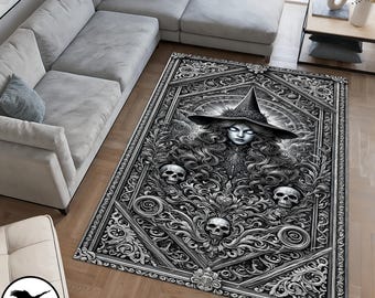 Alfombra gótica con calaveras y brujas, alfombra de brujería para dormitorio con decoración de brujas, alfombra gótica oscura, alfombra mística, decoración de hadas, regalo de brujas