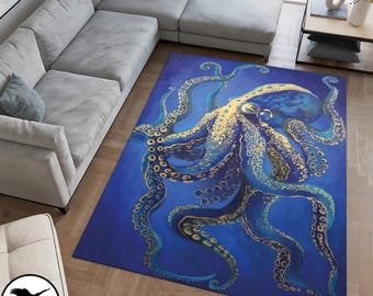 May include: A blue and gold octopus rug with a detailed design. The octopus is depicted with tentacles spread out on a blue background.