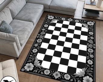 Tapete xadrez com borda floral, tapete preto e branco para sala de estar, tapete chique, tapete luxuoso para sala, tapete de dama, tapete com losangos preto e branco