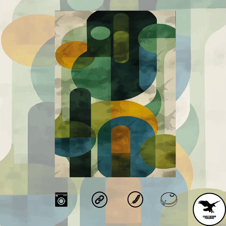 May include: Abstract geometric pattern with overlapping circles and rounded rectangles in shades of green, blue, and yellow. The background is a light beige with a subtle watercolor effect.