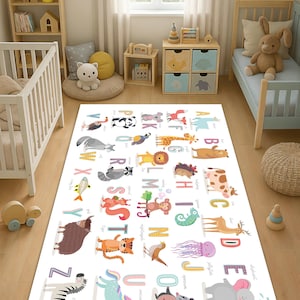 Kinderteppich, Tierteppich, Alphabet-Wollteppich, Kinderentwicklungsteppich, Kinderzimmerteppich, Weltkarte mit süßen Tieren, Spielteppich, Lernteppich,