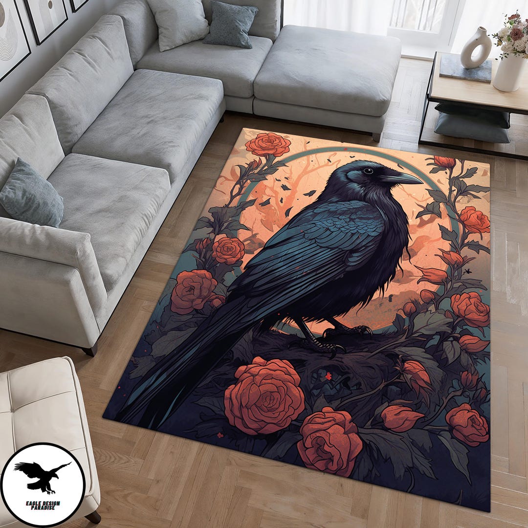 Crow and Flower Pattern Area Rug, Gothic Raven Aesthetic Rug, Woodland ...